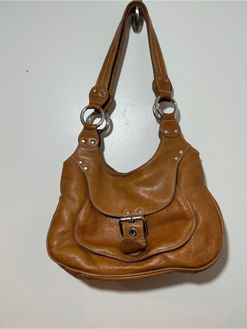 Y2K Vintage Roots Leather Hobo Shoulder Bag in Cognac Brown